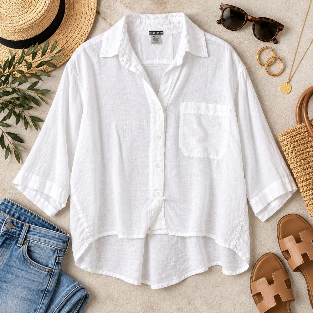 Magaschoni White 100% Linen Button Down Shirt XS Oversized High Low SKU 2286